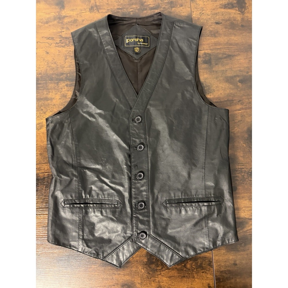 Porsha By Winer Vest Mens 40 Reg Black Leather Button Front Vest Korea Western